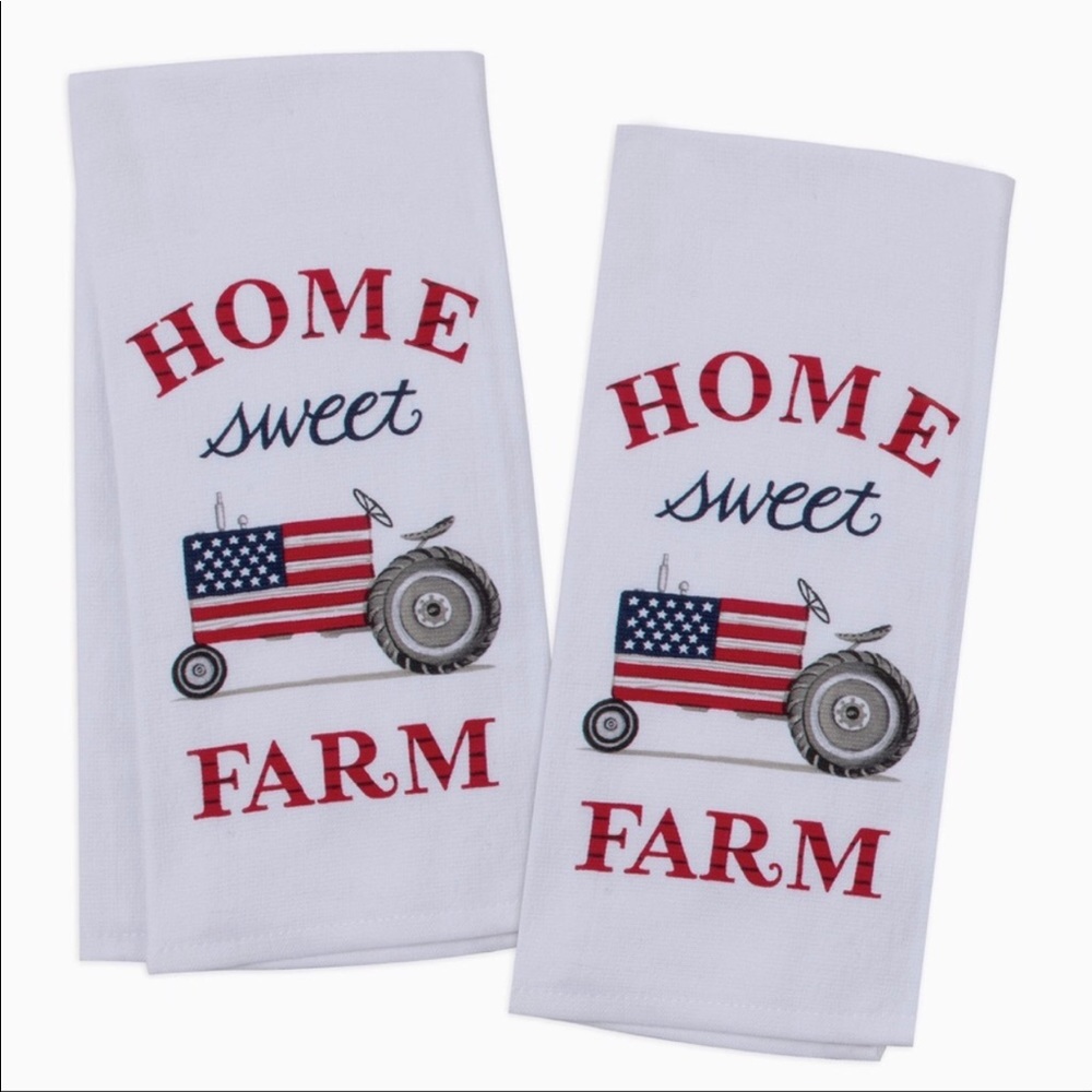 HOME SWEET FARM PATRIOTIC TRACTOR Set of 2 COTTON KITCHEN TOWELS